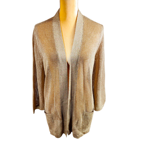 Chicos 1 M Womens Metallic Mesh Cardigan Sweater Gold Open Front Pockets Holiday - Picture 1 of 10